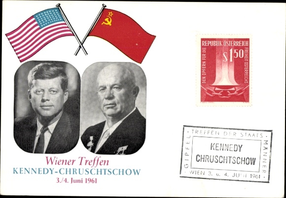 Postcard Vienna Meeting 1961, Kennedy, Khrushchev, flags