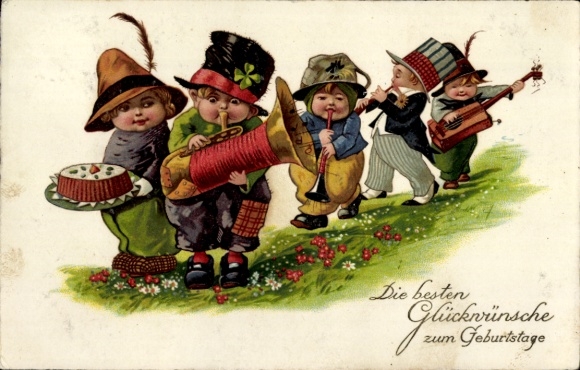 Postcard Happy Birthday, Musical Children, Cake