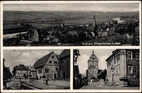 Postcard Frickenhausen am Main Lower Franconia, total view, tower