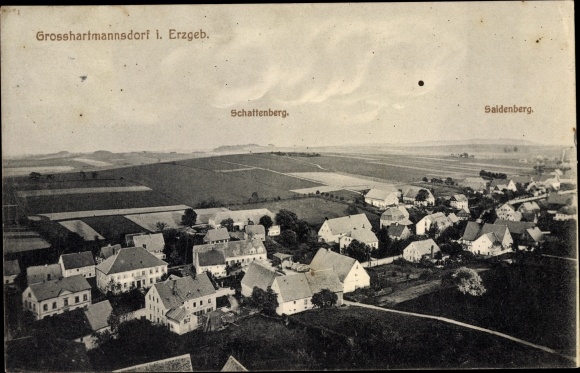 PC Großhartmannsdorf in the Ore Mountains, aerial view of the village, Schattenberg, Saidenberg