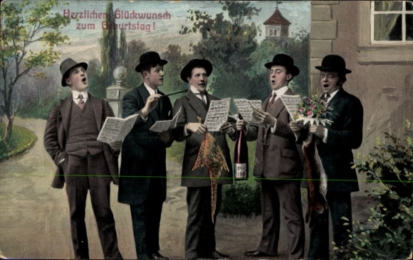 Postcard Happy Birthday, singing men