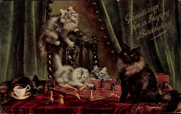 Artist Postcard cats with chessboard on a table