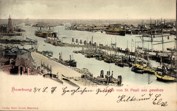 Postcard Hamburg Mitte St. Pauli, Heiligengeistfeld, Heiligen-Geist-Feld, harbor view, ships, St. Pa