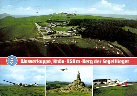 Ak Gersfeld in der Rhön Hessen, Wasserkuppe, Fliegerdenkmal, Luftbild, Segelflugzeug