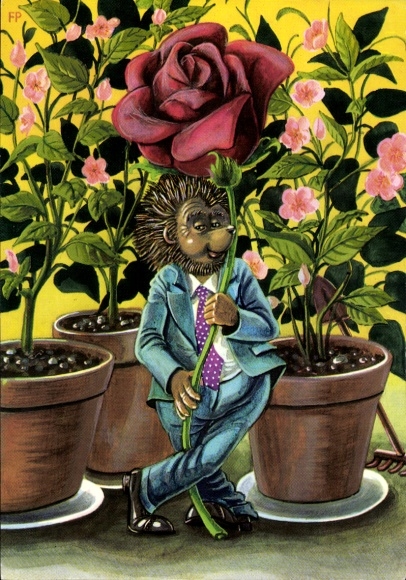 Postcard Humanized hedgehog, hedgehog man in suit, rose, flower pots