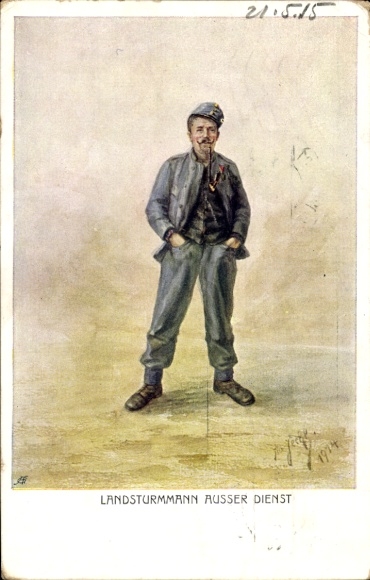 Kunstenaar Ak Landsturmmann buiten dienst, kuk-soldaat met pijp, 1914