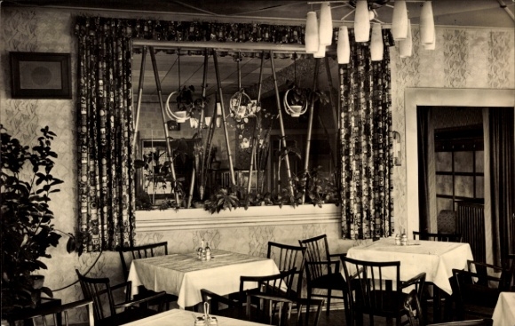 Postcard Masserberg in Thuringia, restaurant with round tables, curtains, mirrors, elegant furnishings