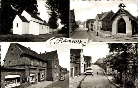 Ansichtkaart Ramrath Rommerskirchen Noordrijn-Westfalen, gedeeltelijke aanzichten, kerk, winkel, straatgedeelte