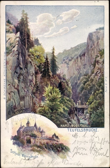Artist PC Kretschmar, O., Wernigerode am Harz, Castle, Thale, Bodetal, Teufelsbrücke