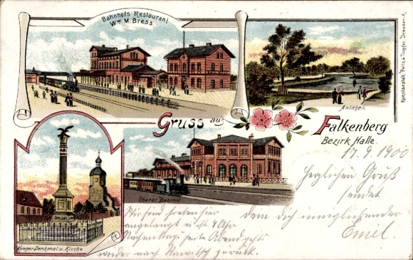 Chromo-Litho Falkenberg an der Elster, train station, station restaurant M. Bress, war memorial, church