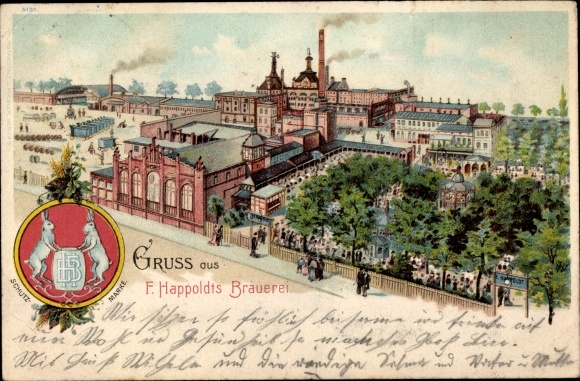 Chromo-Litho Berlin Neukölln Hasenheide, F. Happoldts brewery, coat of arms