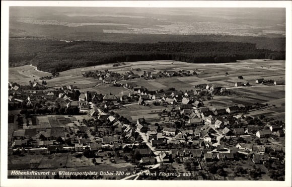Postcard Dobel in the Black Forest, aerial view of winter sports area, rural surroundings, 720 m high