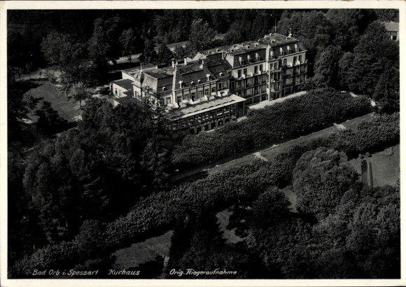 Postcard Bad Orb in the Spessart, Wegscheide, spa house, aerial photograph, wooded surroundings, view