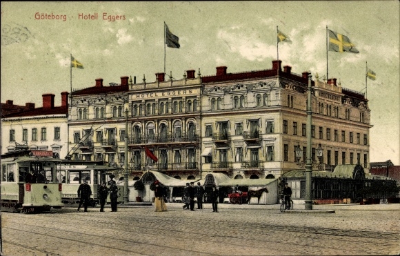 Postcard Gothenburg Sweden, Hotel Eggers, trams