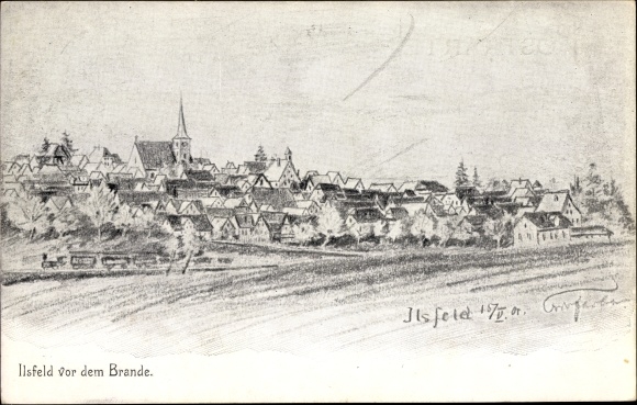 Künstler Ak Ilsfeld in Württemberg, Stadtansicht vor dem Brand 1904