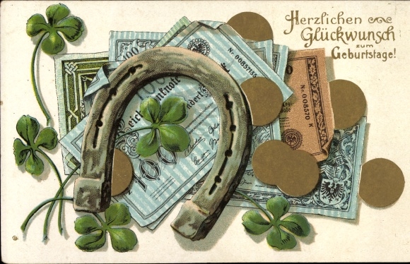 Embossed Postcard congratulations birthday, horseshoes, banknotes, coins, clover leaves