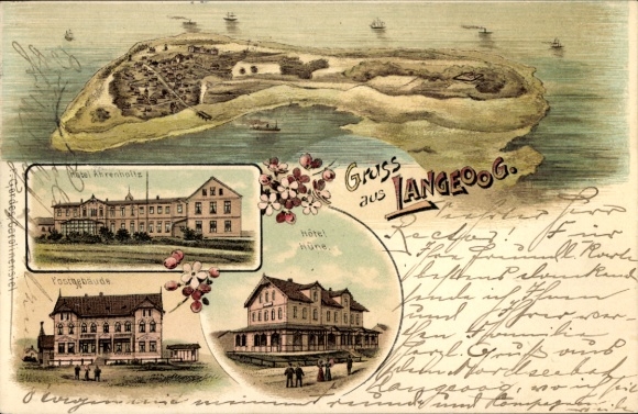 Chromo-Litho North Sea resort Langeoog East Frisia, general view, Hotel Ahrenholtz, Hotel Hüne, post office building