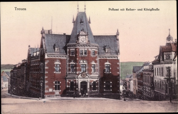 Postcard Treuen in Vogtland, post office with herons and Königstraße