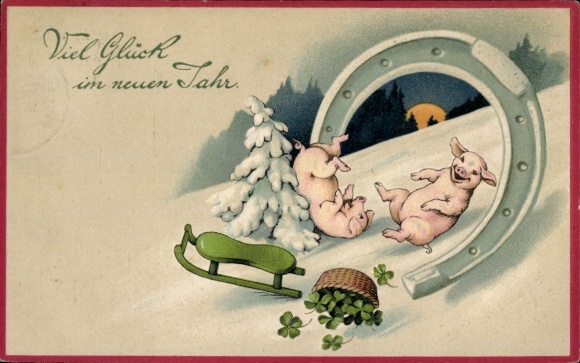 Embossed PC Happy New Year, pigs, sleigh ride, horseshoe, lucky clover