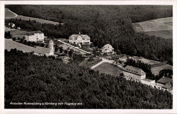 Ak Schwarzenbruck in Mittelfranken Bayern, Anstalten Rummelsberg, Luftaufnahme
