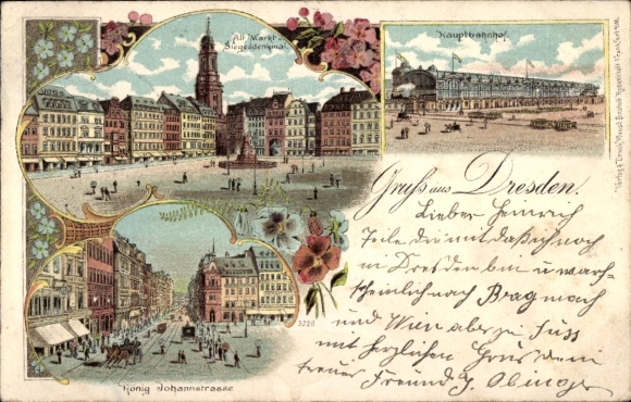 Chromo-Litho Dresden, Main Station, Old Market, Victory Monument, König-Johannstraße