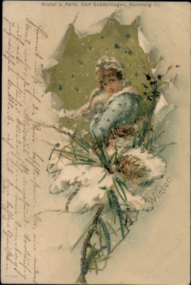 Glitter Chromo-Litho Woman Portrait, Pine Cone, Allegory, Winter