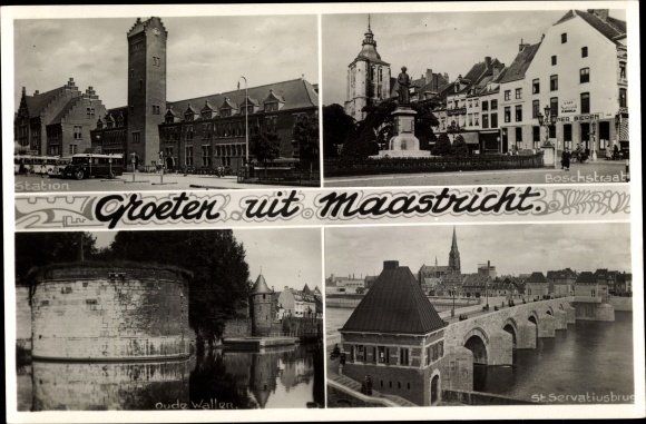 Postcard Maastricht Limburg Netherlands, Station, Boschstraat, St. Servatiusbrug, bridge, railway station, Wallen