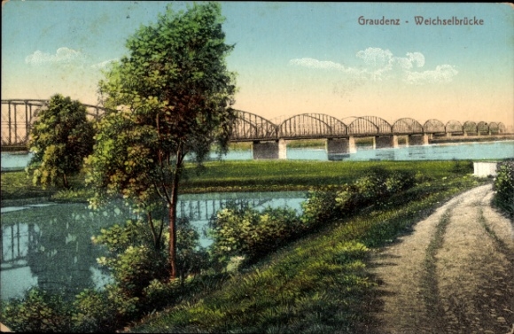 Ak Grudziądz Graudenz Westpreußen, Weichselbrücke, Landschaft, Fluss, Bäume