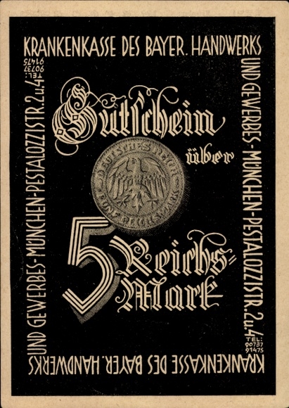 Postcard Health Insurance of the Bavarian Crafts, voucher for 5 Reichsmarks
