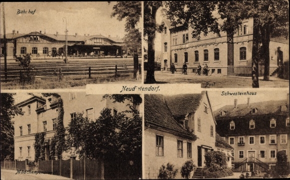 Ak Neudietendorf Thüringen, treinstation, verpleegstershuis, postkantoor, kostschool voor meisjes
