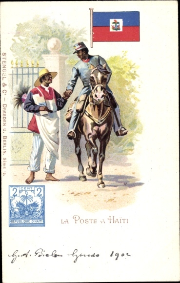 Postage stamps Chromo-Litho The post office in Haiti, postal rider, flag