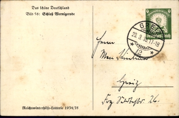 Postal stationery Postcard Wernigerode am Harz, view of the castle, WHW Das schöne Germany Bild 56