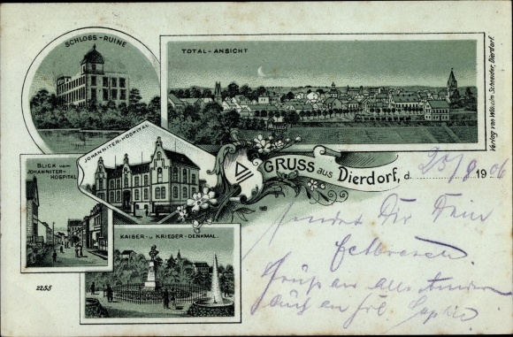 Chromo-Litho Dierdorf Westerwald Castle ruins Total view of the Johanniter Hospital Imperial and war memorial