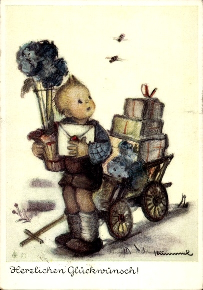 Artist Postcard Hummel, Berta, Congratulations Other, Boy with Gifts and Handcart, No. 5436