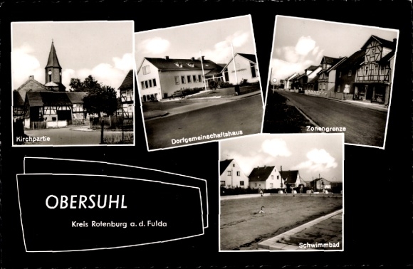 Postcard Obersuhl Wildeck Hessen, church, village community center, zone border, swimming pool