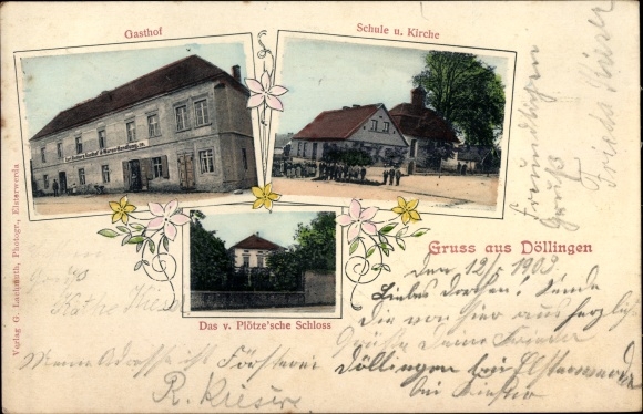 Postcard Döllingen Plessa on the Elster, v. Plötze Castle, inn, school, church