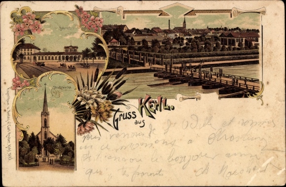 Litho Kehl am Rhein Ortenaukreis Baden Württemberg, Schiffbrücke, Bahnhof, Stadtkirche