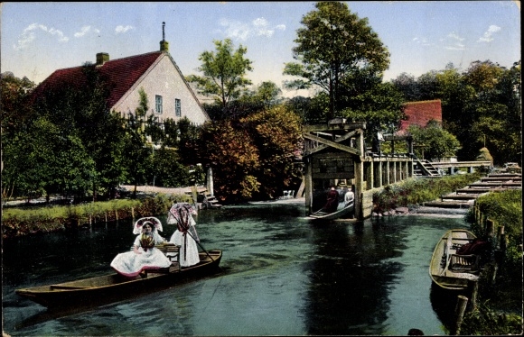 Postcard Spreewald, lock Kannomühle, folk costumes, Spreewald barge
