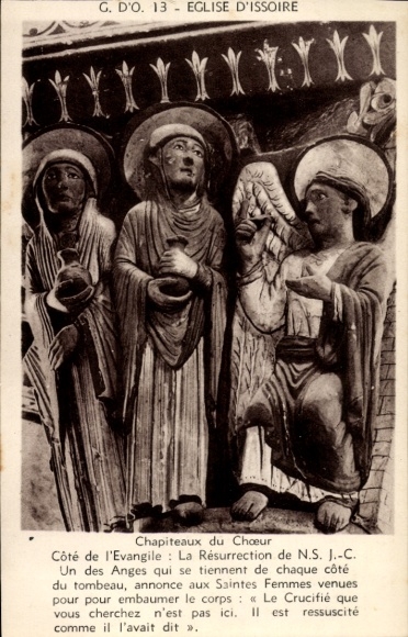 Postcard Issoire Puy de Dôme, relief of the resurrection, angels, holy women, grave, Christ