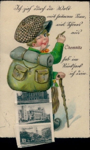 Leporello Postcard Chemnitz in Saxony, Victory Column, Market