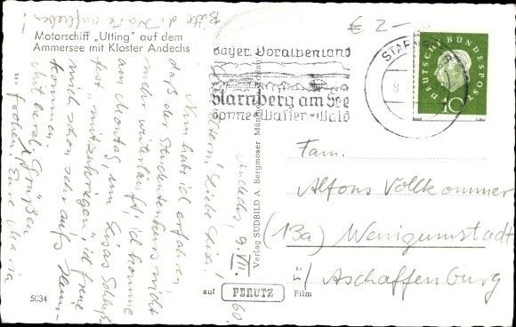 Postcard motor ship Utting on the Ammersee with Andechs Monastery, sailing boat