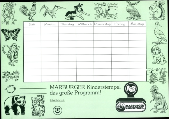 Timetable Marburg children&#39;s stamp, broadcast with the mouse, animals, dinosaurs around 1970