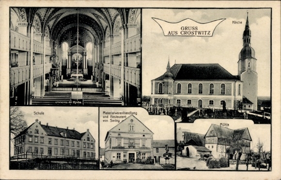 Postcard Crostwitz in Upper Lusatia, church, mill, school, hardware store, and restaurant...