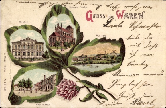 Kleeblatt Litho Waren an der Müritz, Museum, Georgenkirche, Mühlberg, Alter Markt