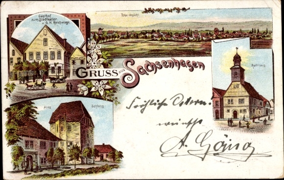 Chromo-Litho Sachsenhagen in the Schaumburger Land, town hall, Gasthof zum Stadtkeller, castle, total view