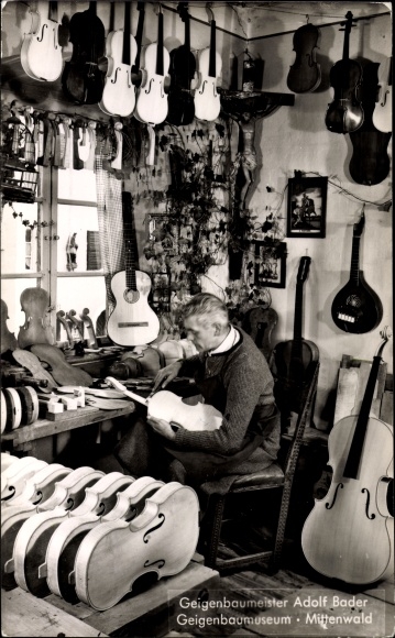 Postcard Mittenwald, violin maker workshop, violin maker Adolf Baader