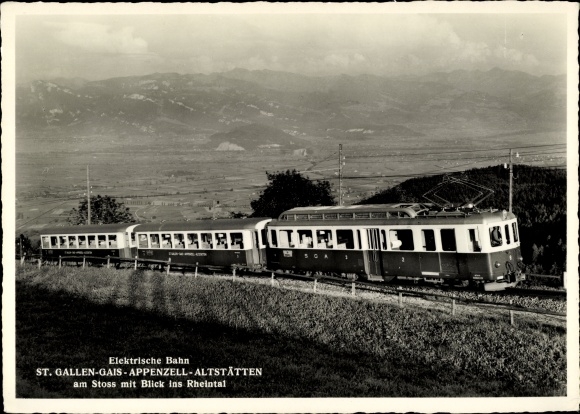 Postcard Electric Railway St. Gallen Gais Appenzell Altstätten, Am Stoss with a view of the Rhine Valley