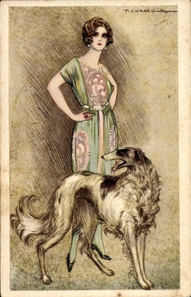 Künstler Ak Corbella, T., Frau in elegantem Kleid, Windhund