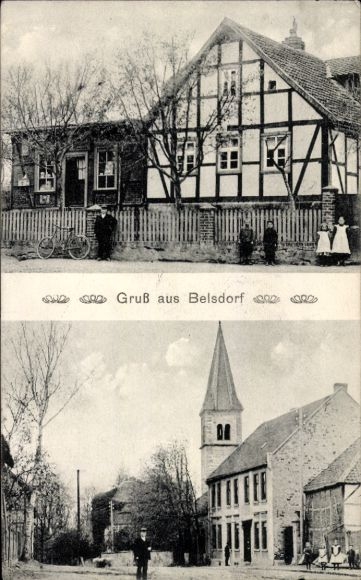 Postcard Belsdorf Wefensleben in Saxony Anhalt, church, half-timbered house