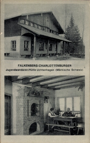 Ak Uchtenhagen Falkenberg in der Mark, Charlottenburger Jugendwanderer-Hütte, Kaminzimmer